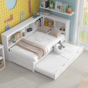 White Twin Size Wood Daybed with Trundle, 5 Open Cabinets and Charging Station