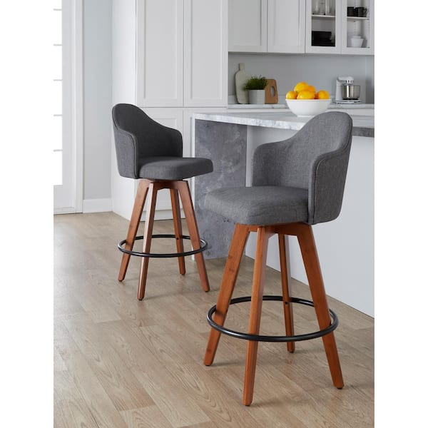 Lumisource Ahoy 26 in. Grey Fabric, Walnut Bamboo and Black Metal Fixed-Height Counter Stool (Set of 3)