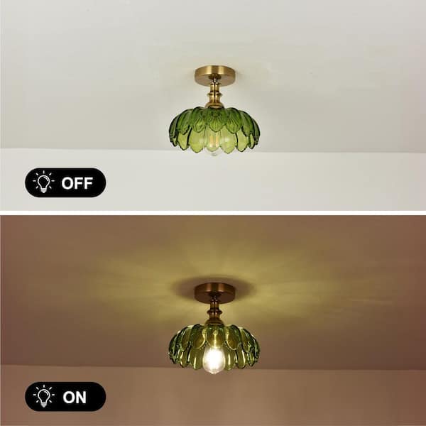 Essel 10.23 in. 1-Light Green Modern Mid-Century Semi-Flush Mount with Flower Glass Shade, No Bulbs Included