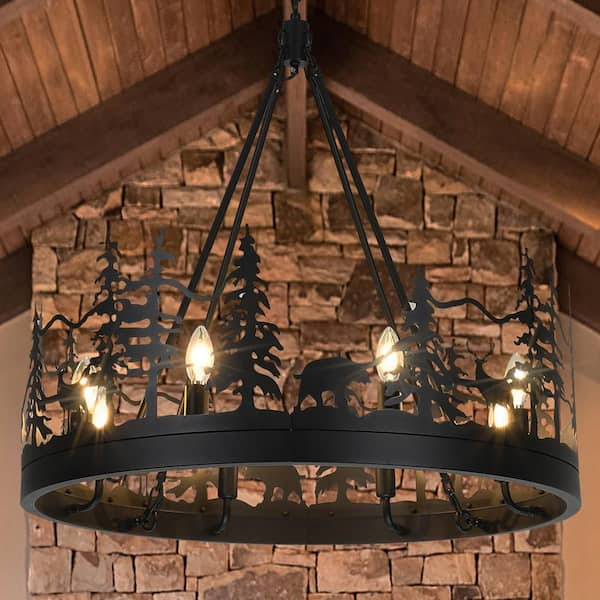 8-Light Black Ambient Rustic Chandelier Wagon Wheel Farmhouse Chandelier for Dining Living Room Foyer