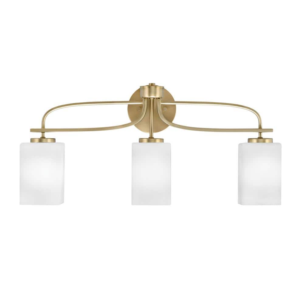 Olympia 25.75 in. 3-Light New Age Brass Vanity Light  Square White Muslin G