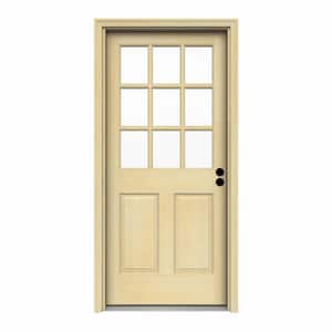 30 in. x 80 in. 9 Lite Unfinished Wood Prehung Left-Hand Inswing Back Door w/Rot Resistant Jamb and Brickmould