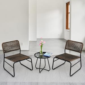 3-Piece Black Steel Frame Brown Wicker Patio Conversation Seating Set