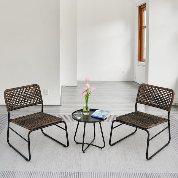 Unbranded 3-Piece Black Steel Frame Brown Wicker Patio Conversation Seating Set