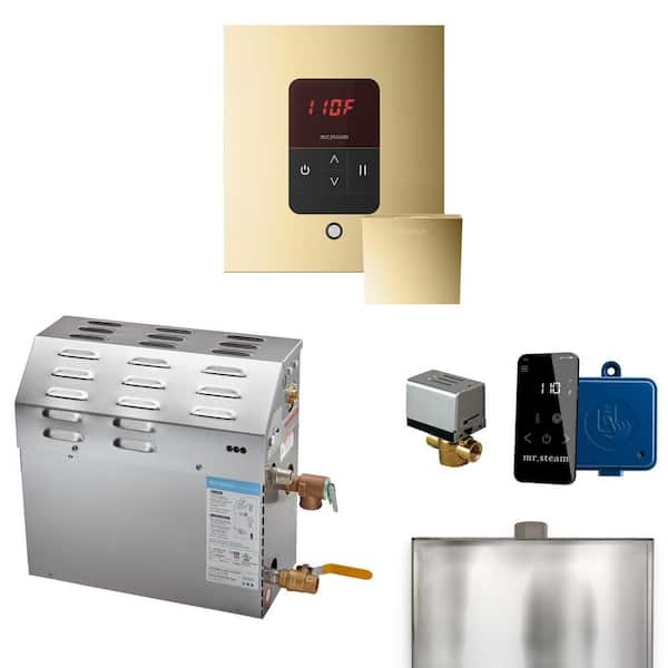 MS 12 kW (12000 W) Steam Shower Generator Package with Square iTempo Control in Polished Brass and Accessories