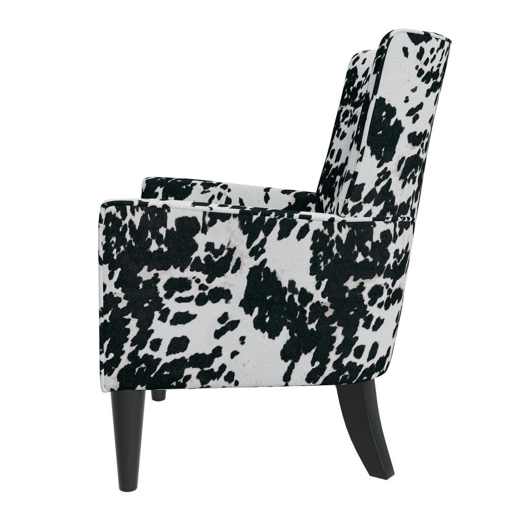 Velvet Black Cow Print Wingback Accent Chair with Flared Arms