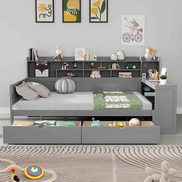 Gray Full Daybed with Storage Shelves, 2 Storage Drawers and Study Des