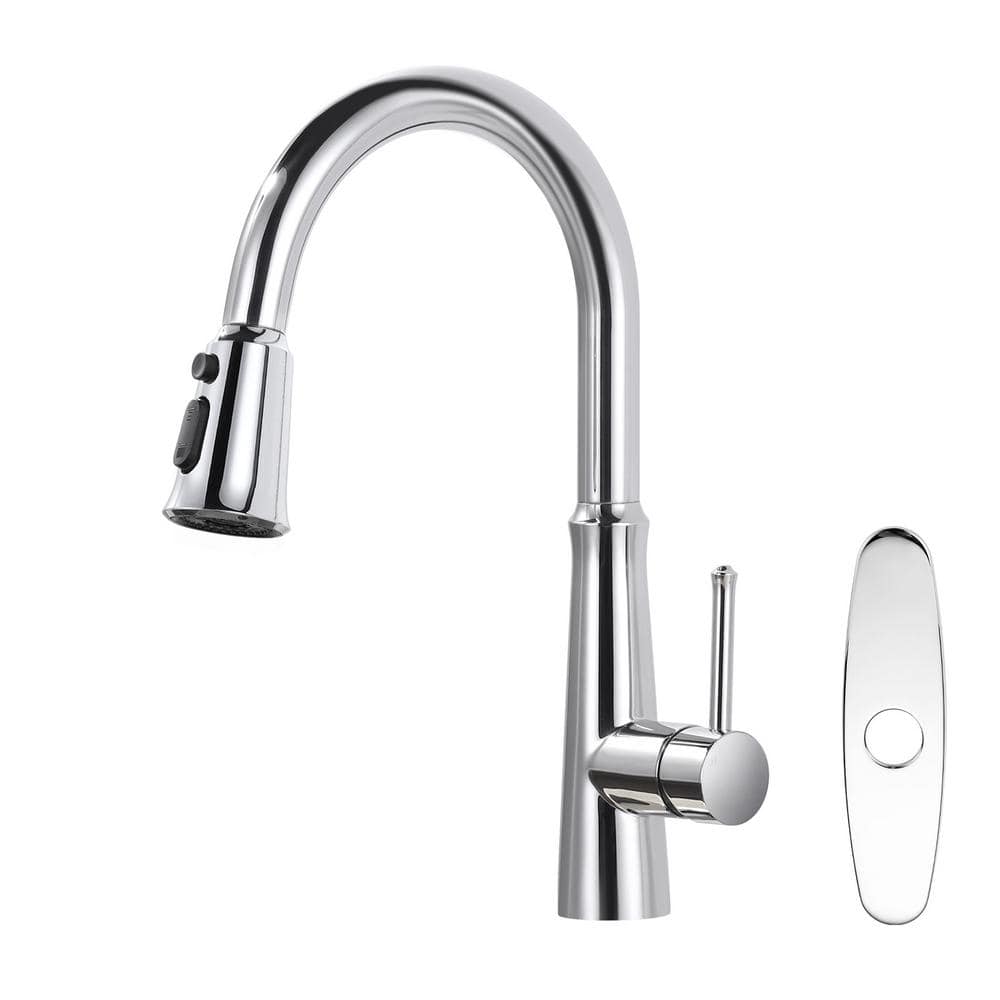 Polished Chrome Single-Handle Pull-Down Kitchen Faucet with Deckplate