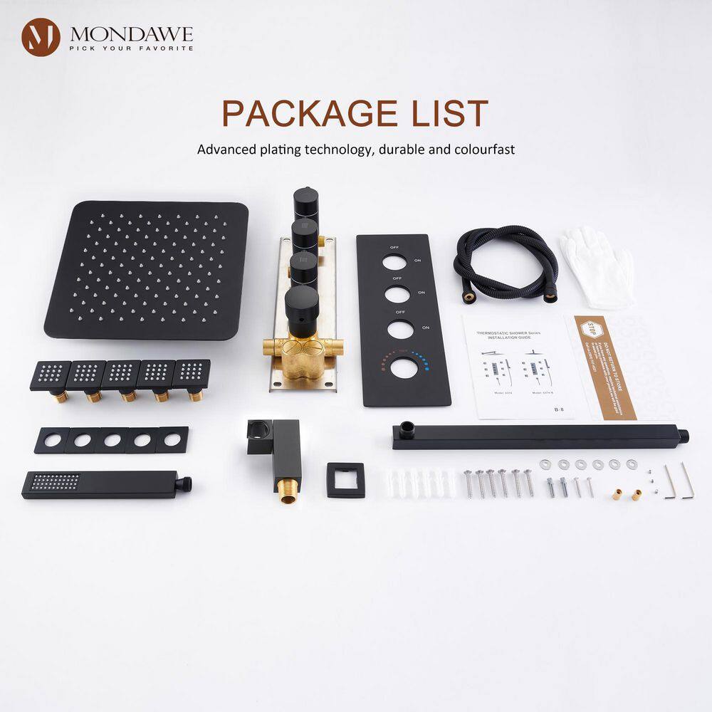 Matte Black 12-Inch Stainless Steel Multi-Head Wall Mounted Shower System
