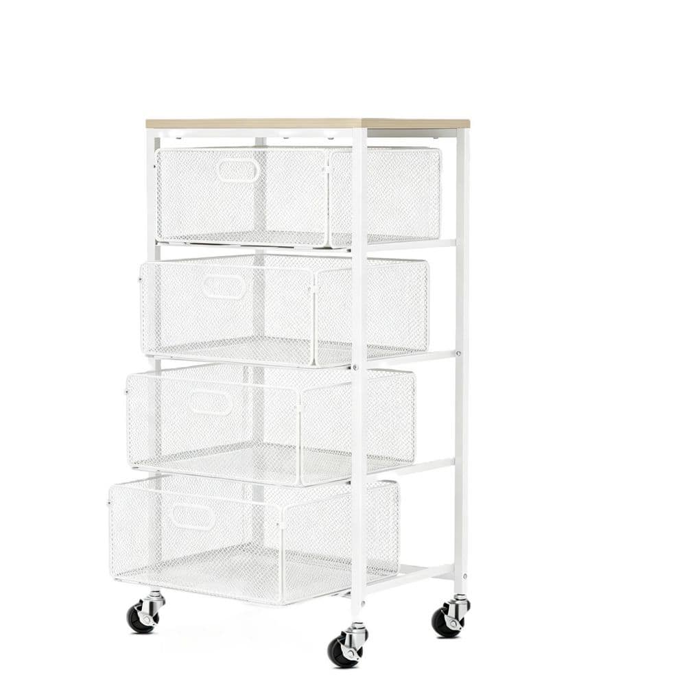 4-Tier White Pantry Organizer with Drawers, Metal Rolling Utility Cart Organizer on Lockable Wheels with Wooden Top