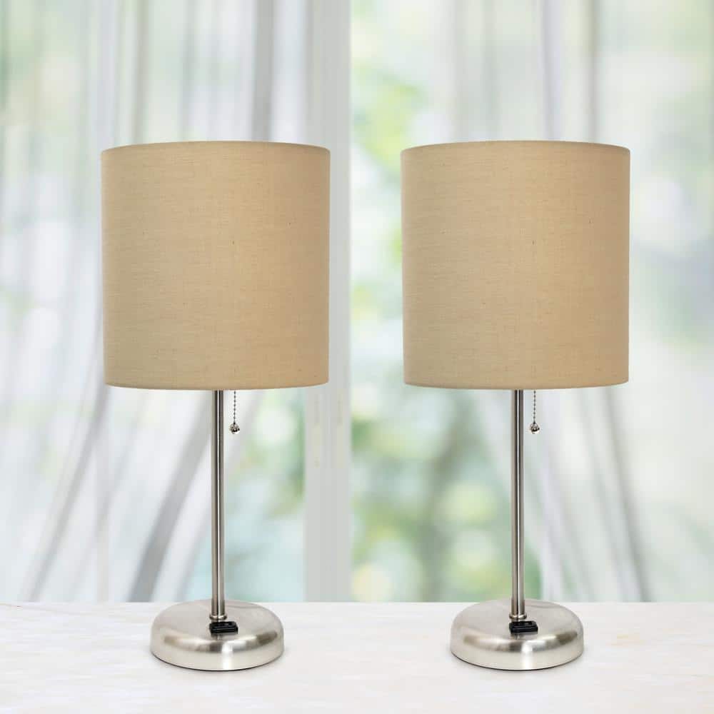 Brushed Steel and Tan Fabric Shade Table Lamp Set with Charging Outlet