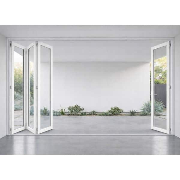 144 in. x 80 in. White Aluminum 1-Right Opening/3-Left Folding Outswing 4-Panel Bi Fold Patio Door 1R3L (Interior View)