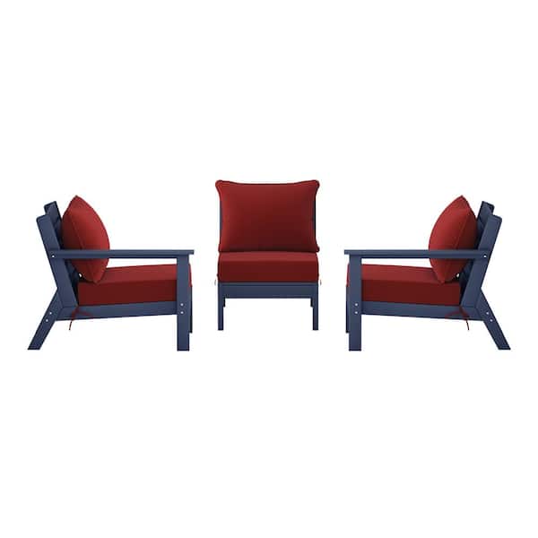 Birchwood Navy Blue Arrangeable 3-Piece HDPE Deep Seating Outdoor Patio Conversation Sofa Armchair Set w/Red Cushions
