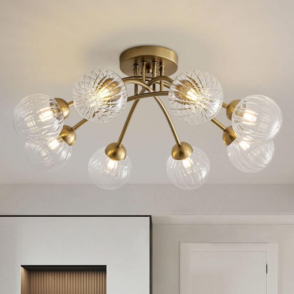 Y'INSP 26.97 in. 8-Light Matte Copper Mid Century Ceiling Light Modern Semi Flush Mount Clear Ribbed Glass Globe Chandelier