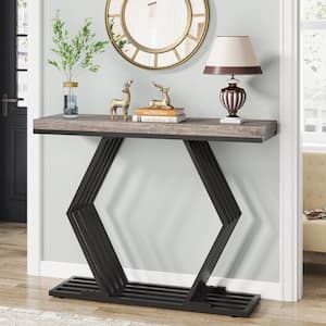 Turrella 42.5 in. Grey Rectangle Wood Console Table with Geometric Metal Base, Entryway Sofa Table Narrow Long