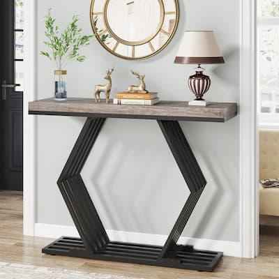 BYBLIGHT Turrella 42.5 in. Grey Rectangle Wood Console Table with Geometric  Metal Base, Entryway Sofa Table Narrow Long BB-XK0273GX - The Home Depot