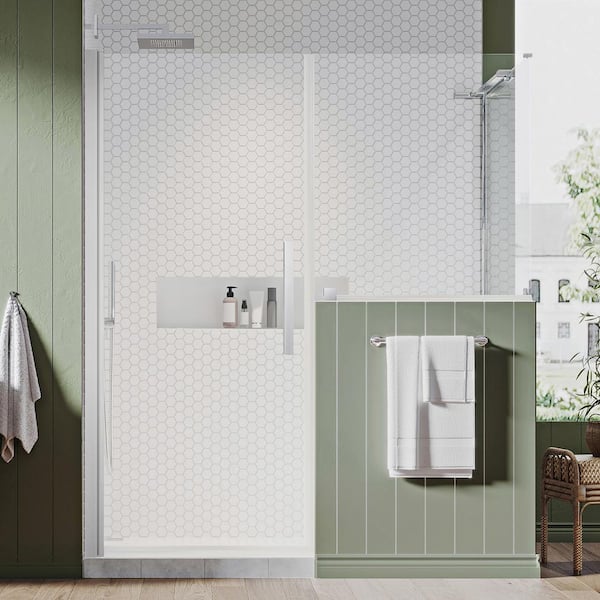 OVE Decors Pasadena 58-9/16 in. W x 72 in. H Pivot Frameless Corner Shower Enclosure in Chrome with Buttress Panels