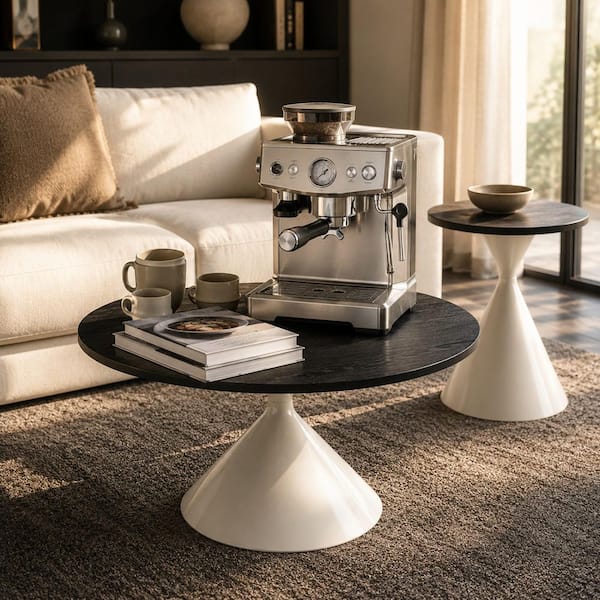 27 in. Black and White Round MDF Coffee Table Set with Steel Base (2-Pieces)