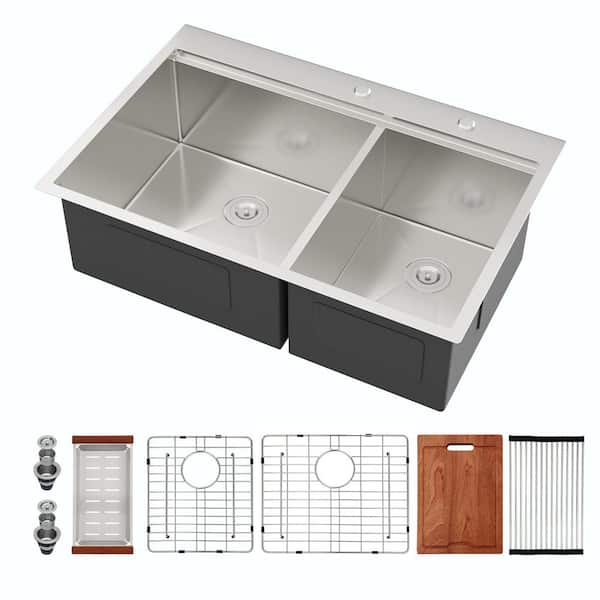 33 in. Drop in Double Bowl (60/40) 18-Gauge Stainless Steel Workstation Kitchen Sink with Sliding Accessories