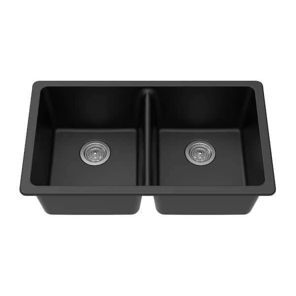 Winpro Undermount Granite Composite 33 in. x 18-3/4 in. x 9-1/2 in. Double Equal Bowl Kitchen Sink in Black