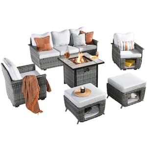 Echo Black 6-Piece Wicker Multi-Functional Patio Conversation Sofa Set with a Fire Pit and Light Grey Cushions