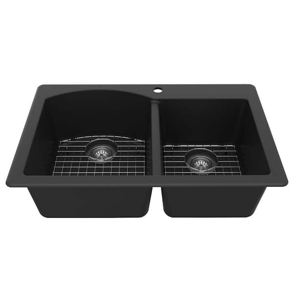 QT-610 Quartz/Granite 33 in. Double Bowl 60/40 Top Mount Drop-In Kitchen Sink in Black with Bottom Grid and Strainer