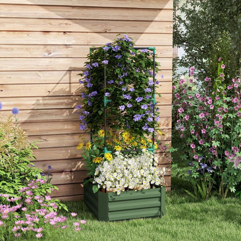 Green Galvanized Steel Raised Garden Bed with Tomato Trellis