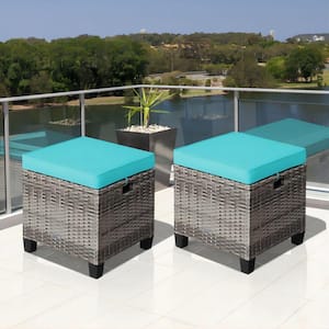 2-Piece Wicker Outdoor Ottoman Seat with Removable Turquoise Cushions