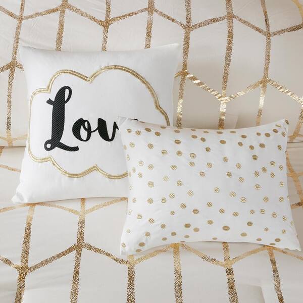 Details about   Luxury Ivory & Metallic Gold Geometric Comforter Set AND Decorative Pillows 