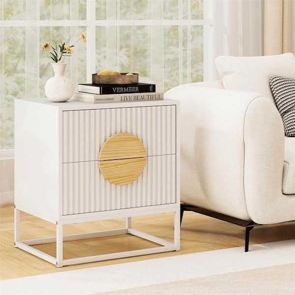 1 Piece White 2-Drawer 19 in. W Fluted Nightstand with 2-Drawers with Pine Wood Handles and Metal Frame for Bedroom