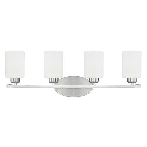 28.5 in. W x 9 in. H x 7 in. E 4-Light Soft White Glass Vanity Light in Brushed Nickel