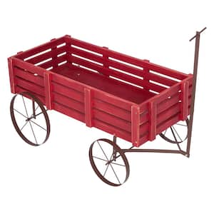 51.5 in. L Red Decorative Buckboard Wagon Planter, Cedar Wood Classic Buckboard Amish Wagon Garden Planter