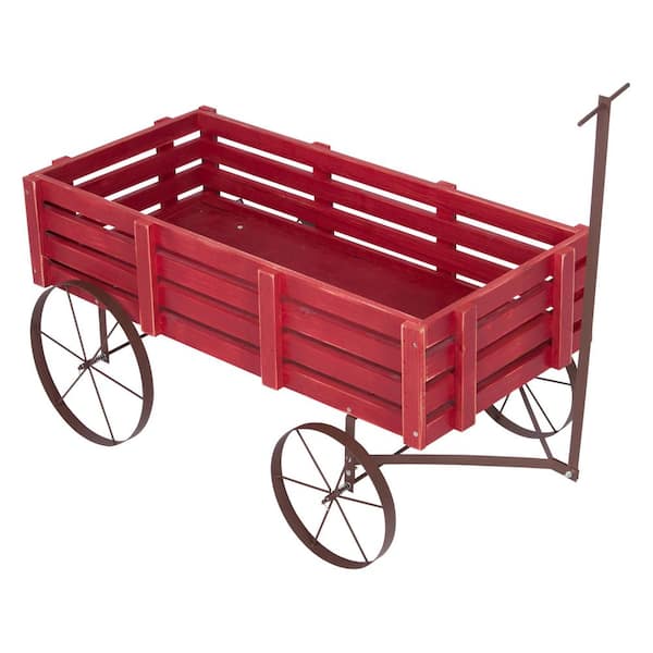 Shine Company 51.5 in. L Red Decorative Buckboard Wagon Planter, Cedar Wood Classic Buckboard Amish Wagon Garden Planter