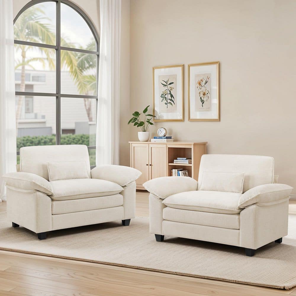 Yumi Beige Chenille Fabric Accent Chair Set of 2 Armchair with 3-Layer Seat Cushion Tall Backrest price history on PriceWatchPro