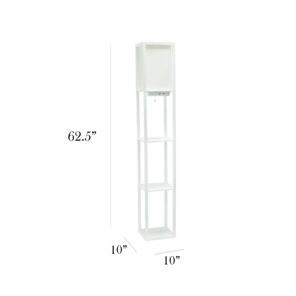 White Wood Floor Lamp with Shelves and Linen Shade