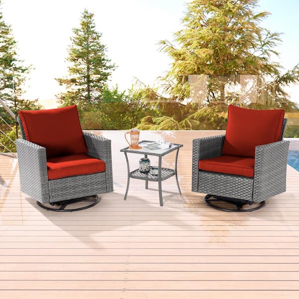 Sonkuki 3-Piece Gray Wicker Outdoor Swivel Rocking Chairs Patio Bistro Set with Side Table Rust Red Cushion