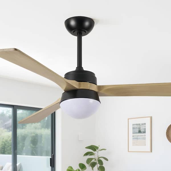 52 in. Black Indoor Standard Down Rod LED Ceiling Fan with Light and Remote 3 Brown Blades