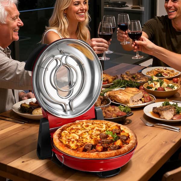 Pizza Oven, 12 in. Red Electric Pizza Maker with Cordierite Stone for Precise Cooking, Heats up to 788 ˚F