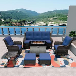 7-Piece PE Rattan Wicker Patio Conversation Set Outdoor Chairs and Fire Pit with Blue Cushion