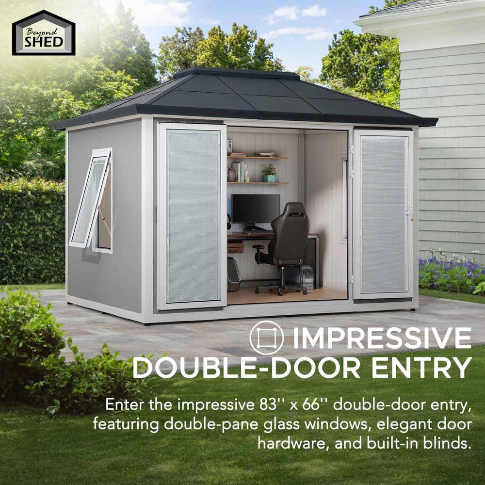 Sunjoy Gray 10' x 12' Outdoor Office Shed with Windows