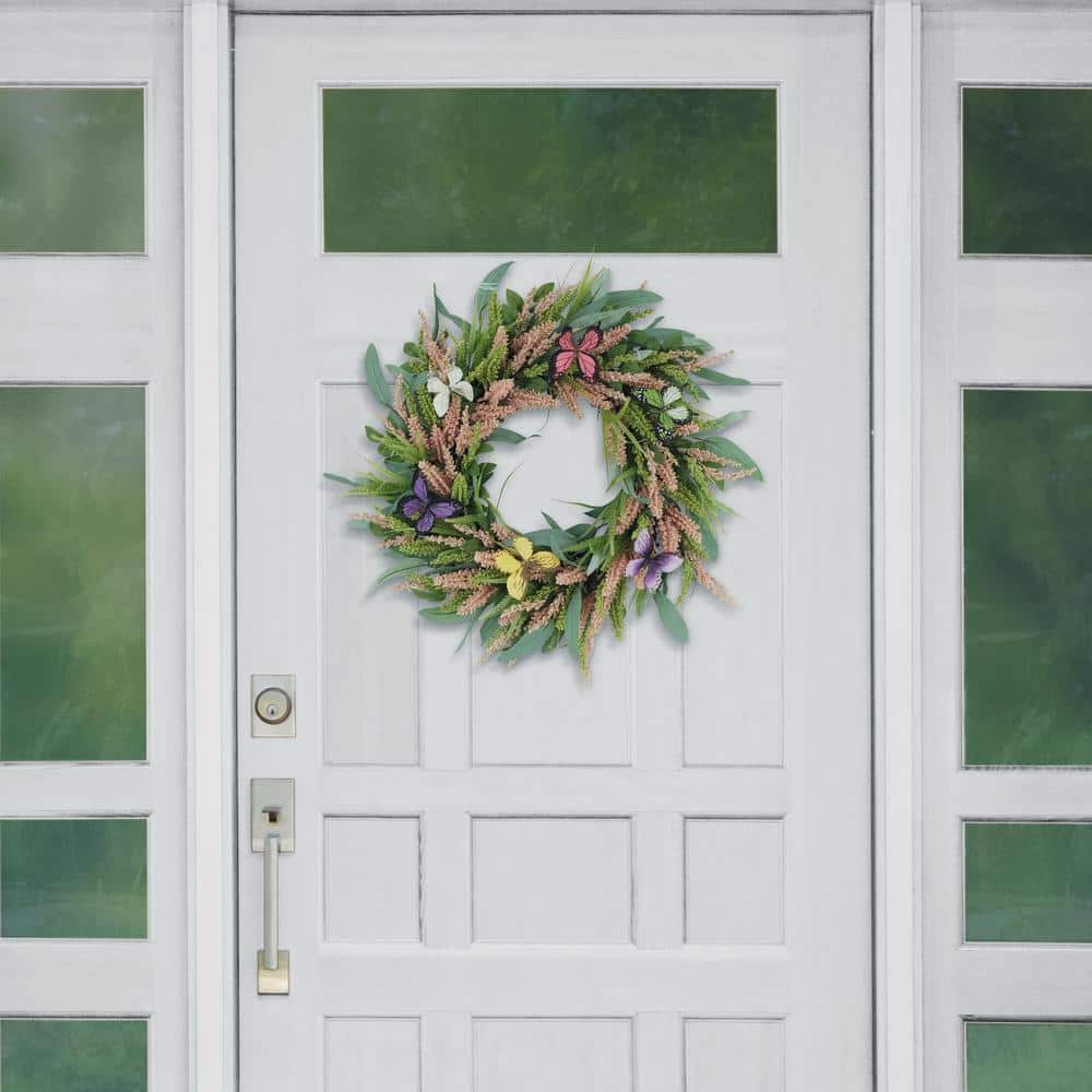 24" Green Artificial Salix Leaf Butterfly Floral Spring Wreath