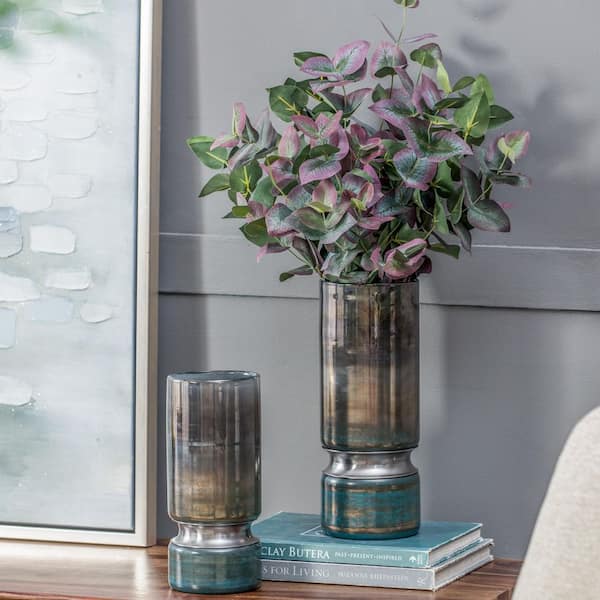 4.7 in. D x 10.6 in. H Cylinder Stellar Smoke Blue Glass Vase with Chrome Accent, Home Decor Centerpiece for Living Room