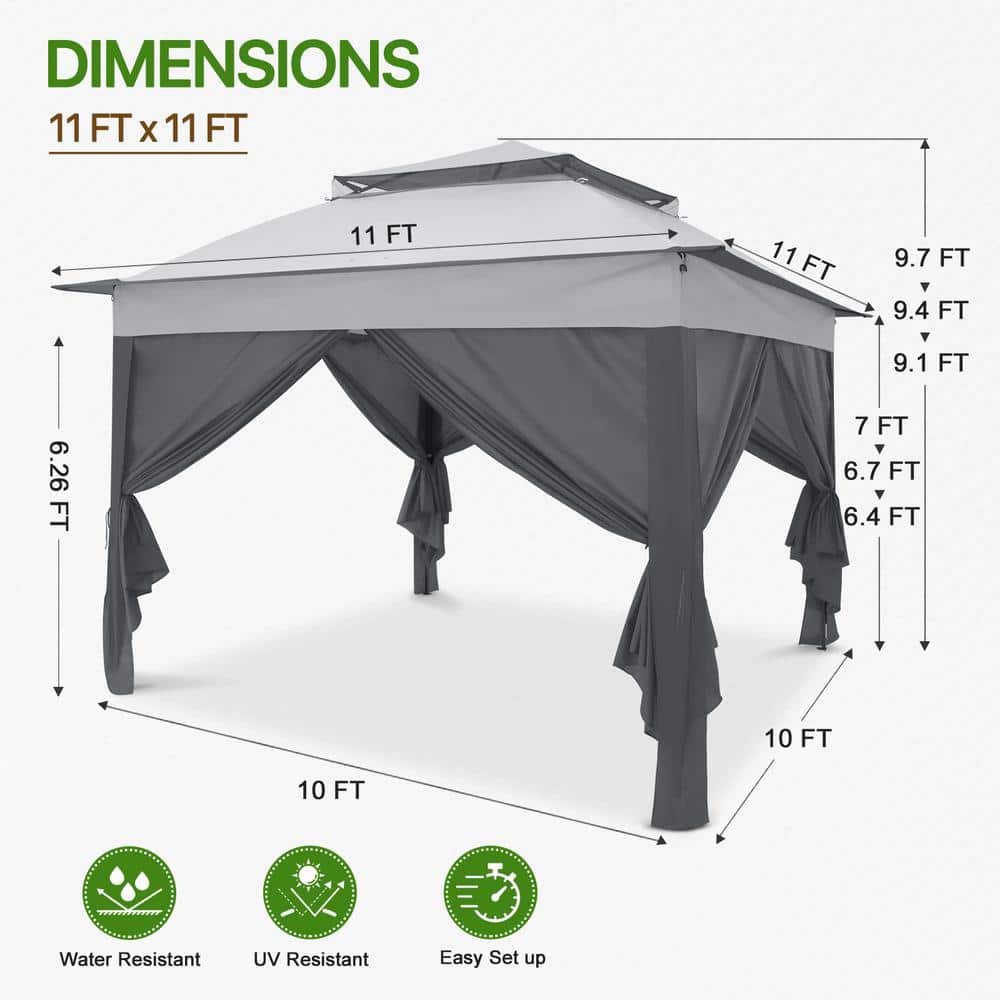 11 ft. Gray and Black Steel Patio Gazebo with Solid Walls
