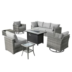 Harlotte 9-Piece Wicker Patio Rectangular Fire Pit Set with Dark Gray Cushions and Swivel Rocking Chairs