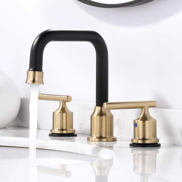 8 in. Widespread Double Handle High Arc Bathroom Faucet with Pop-up Drain and Supply Lines in Black and Gold (1-Pack)