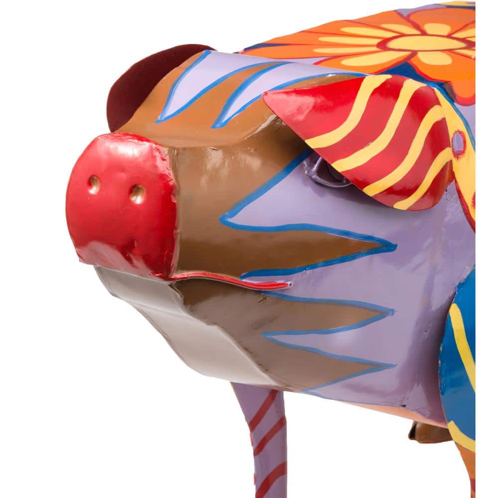 Colorful Folk Art Pig Metal Outdoor Side Table