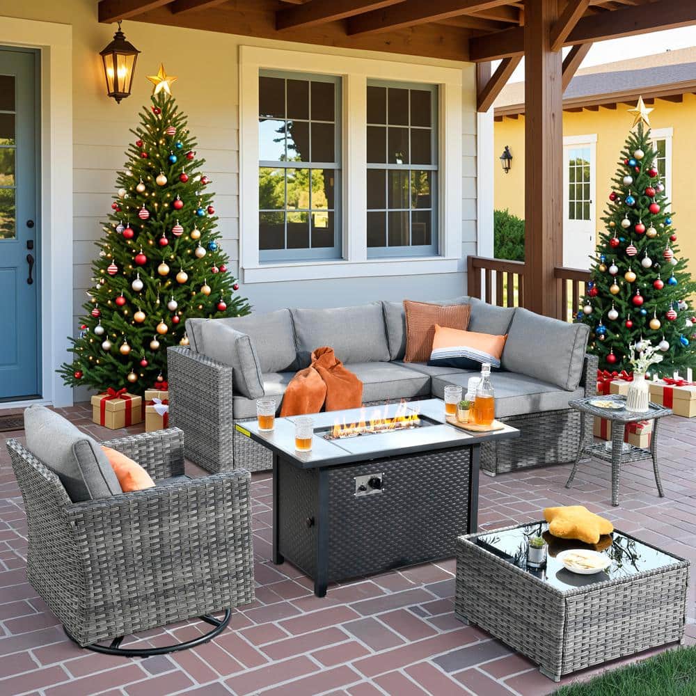 Helene Gray 8-Piece Wicker Outdoor Fire Pit Furniture Set Patio Conversation Sofa Sectional Set with Dark Grey Cushions price history on PriceWatchPro