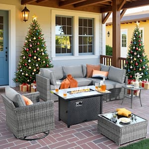 HOOOWOOO Helene Gray 8-Piece Wicker Outdoor Fire Pit Furniture Set