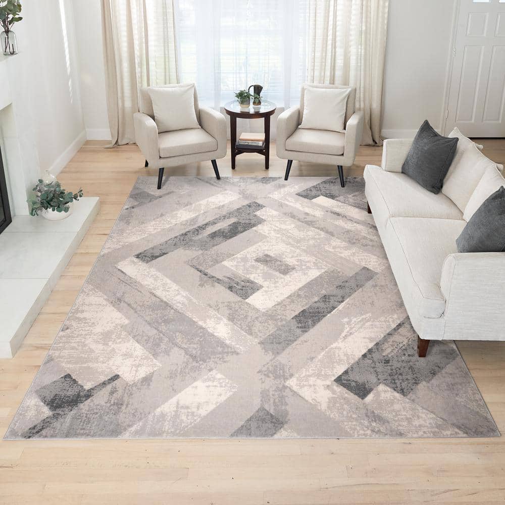 Ethan Soller Geometric Gray and Ivory Synthetic Area Rug, 5' x 7'