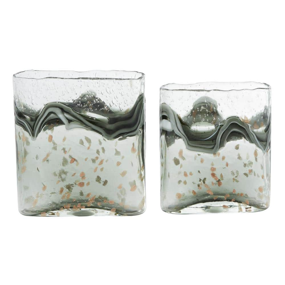 Elegant Gray Glass Vase Duo with Speckled Wave Design